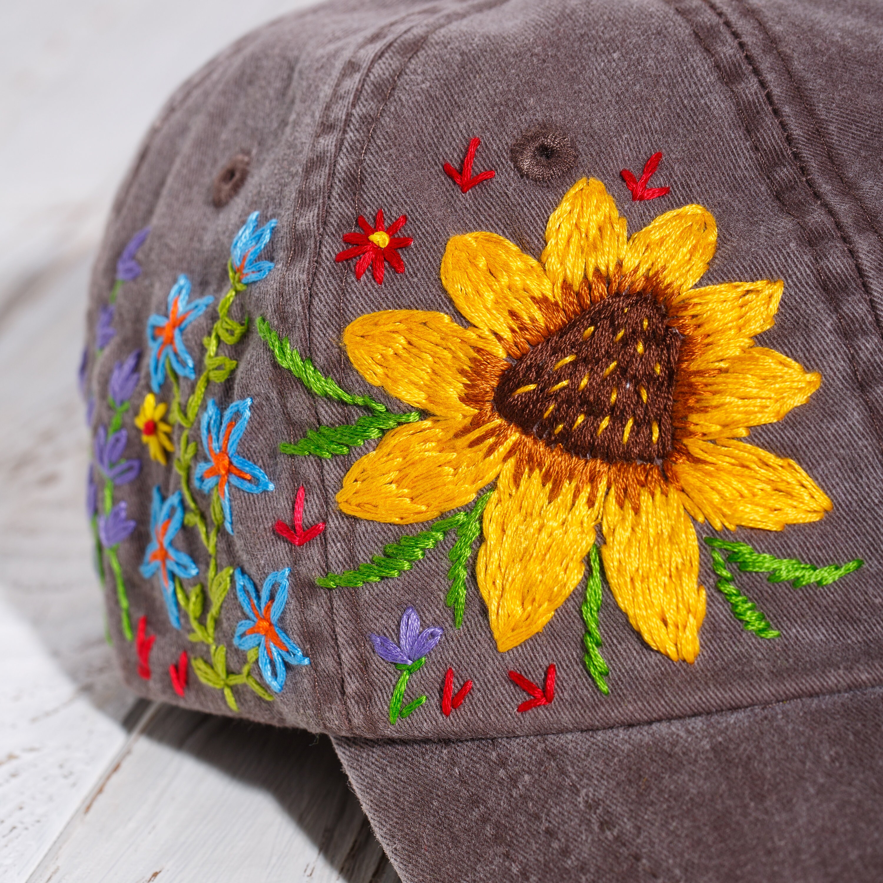 Hand Embroidered Flower Baseball Cap Floral Embroidery Hat Etsy