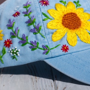 Sunflower hat, hand embroidered custom dad hat with sunflowers, wildflowers and lavender, baseball cap for mother's day gift image 8