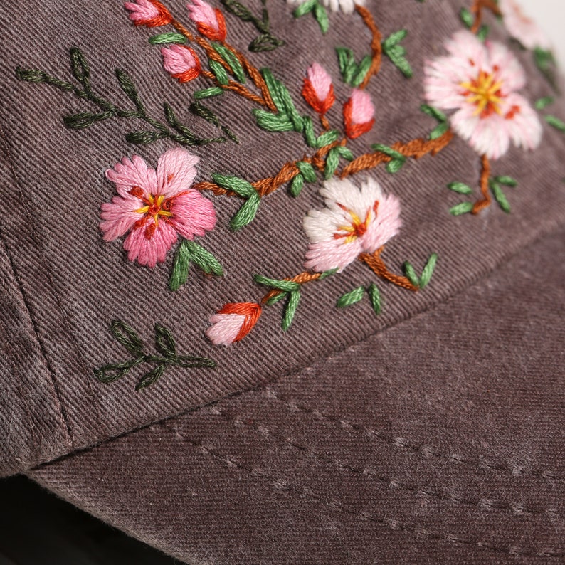 Hand embroidered cherry blossom sakura baseball cap, personalized hat for women, soft cotton festival hat, custom gift for her image 10