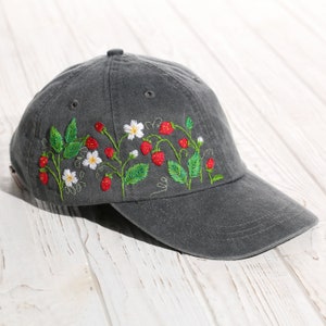 Hand embroidered strawberry hat, custom baseball cap with wild strawberry embroidery, wild strawberry lover gift, personalized gift for her