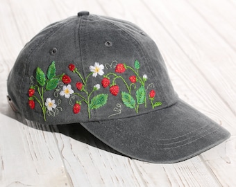 Hand embroidered strawberry hat, custom baseball cap with wild strawberry embroidery, wild strawberry lover gift, personalized gift for her