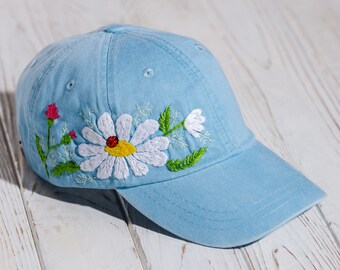 Cotton cap with hand embroidered chamomile, thistle embroidery design, stitched hat with wildflower, personalized birthday gift for her