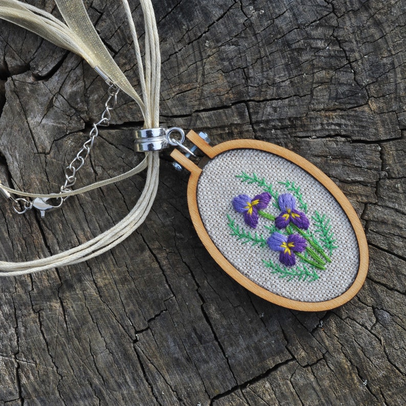 Purple irises embroidery pendant, flower necklace, unique cross stitch jewelry with personalized backing, birthday gift for mom, grandma image 8