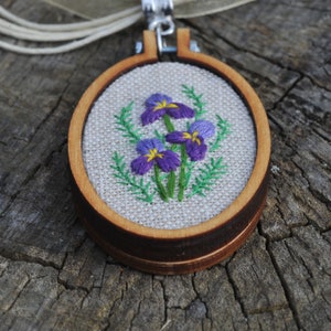 Purple irises embroidery pendant, flower necklace, unique cross stitch jewelry with personalized backing, birthday gift for mom, grandma image 9