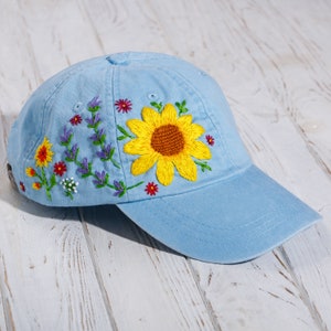 Sunflower hat, hand embroidered custom dad hat with sunflowers, wildflowers and lavender, baseball cap for mother's day gift image 5