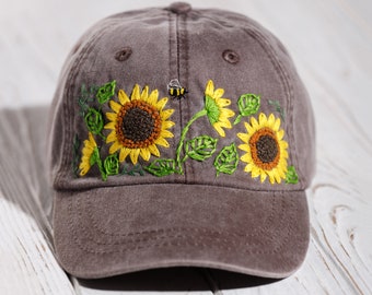 Sunflowers embroidered hat, hand-stitched bee custom hat, personalized trucker hat for women, hand embroidered mom gift