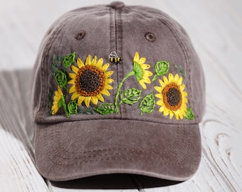 Sunflowers embroidered hat, hand-stitched bee custom hat, personalized trucker hat for women, hand embroidered mom gift