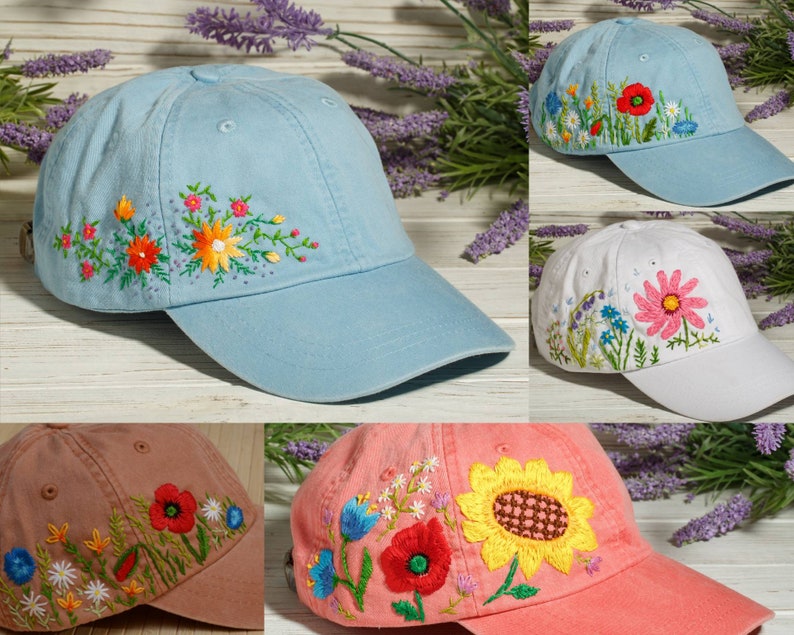 Flower Embroidery Women Baseball Cap, Hand Stitched Hat With ...