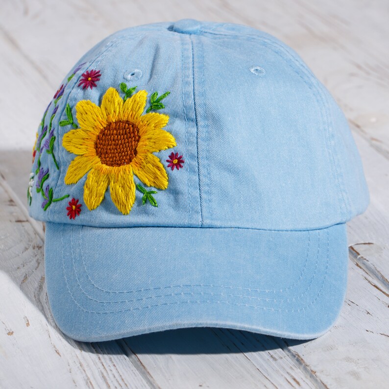 Sunflower hat, hand embroidered custom dad hat with sunflowers, wildflowers and lavender, baseball cap for mother's day gift image 6