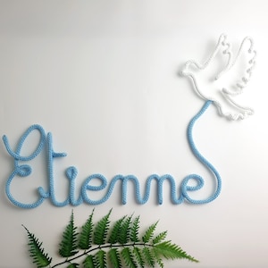 Knitted first name dove pattern for bedroom wall decoration or for a baptism decoration, wire first name