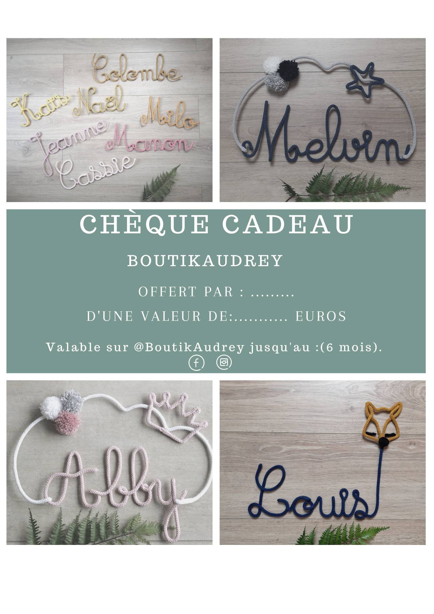 Prénom en Tricotin, Chèque Cadeau | Naissance, Anniversaire, ....