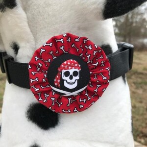May include: Red and white dog collar with a black and white pirate skull and crossbones design. The collar has a red fabric rosette with white bone-shaped patterns.