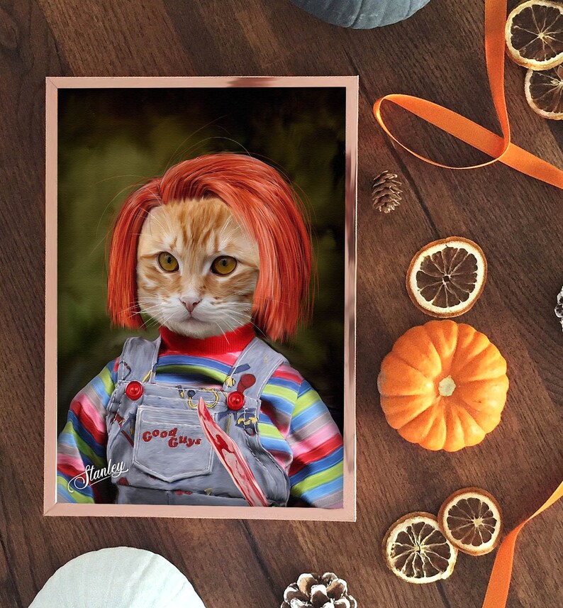 Chucky Custom Pet Portrait Custom Pet Painting Halloween Halloween Costume Childs Play Cat Portrait Pet Halloween Costume