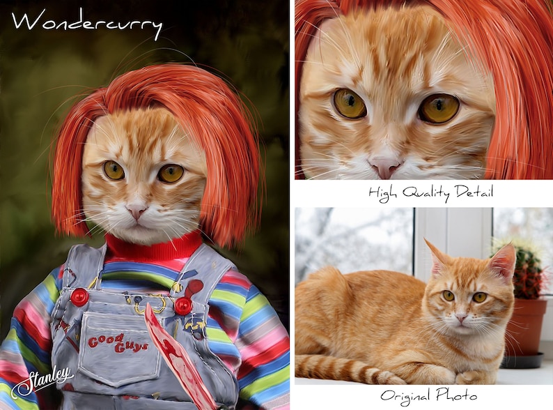 Chucky Custom Pet Portrait Custom Pet Painting Halloween Halloween Costume Childs Play Cat Portrait Pet Halloween Costume
