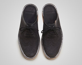 Men's black nubuck leather brogues slipons, Leather sandals, Clogs from Sweden, Office shoes, Docksta, Handmade in Sweden