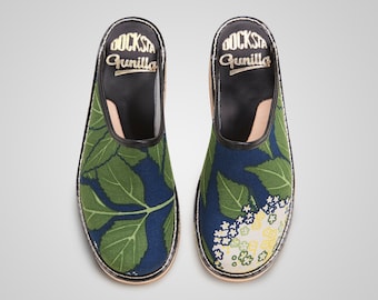 Women’s design slippers, Fläder Jobs, Handmade sandals with flower print fabric, Clogs from Sweden, Docksta, Handmade in Sweden