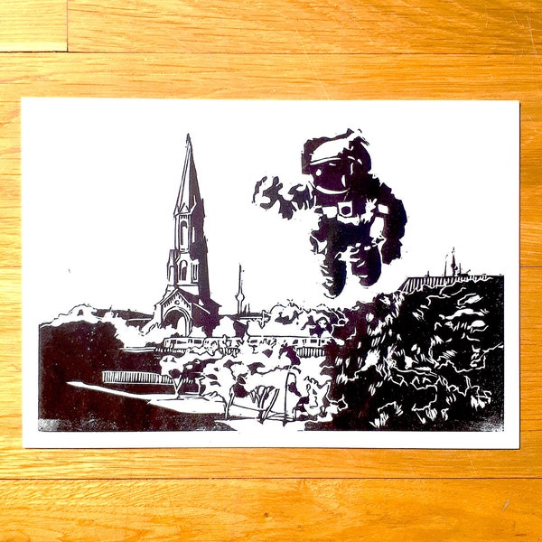 Postkarte "xberg" I limitierte auflage ausstellung "Contenancen" Berlin recyceltes papier kunstdruck illustration linolschnitt kreuzberg