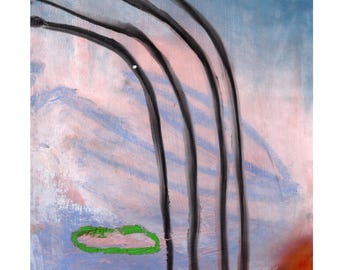 May include: Abstract painting with a blue and pink background, featuring four black curved lines. A green oval shape is at the bottom, and the artist's signature and date are visible. The artwork has a modern aesthetic.