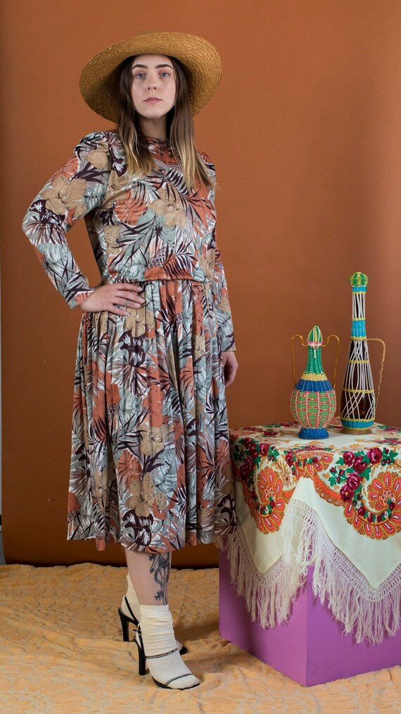 neutral tropical print dress