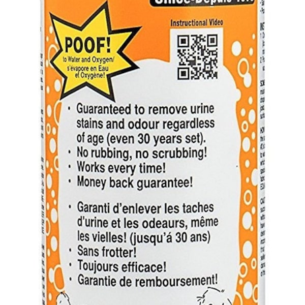 removes urine stains and odor no matter age, works on mattresses, car seats,recreational vehicles,pet and people safe,no rub,no scrub