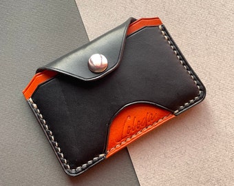 pocket wallet made of vegetable tanned leather. Leather Cardholder black and orange. Leather business card holder Handmade from Ukraine.