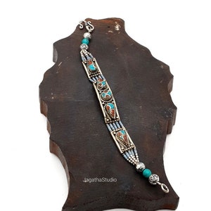 Tibetan Beaded Bracelet, Tribal Bracelet with Turquoise, Coral, Ethnic Statement Nepali Tibetan Silver Bangle