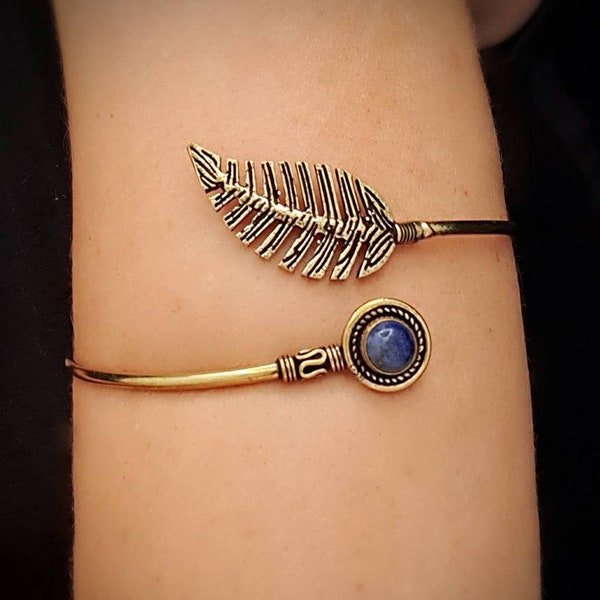 Gold Armlet Leaf Bracelet Lapislázuli, Turquoise, Tigers Eye, Coral, Onyx Upper Arm Bangle Cuff Adjustable Tribal Gemstone Armlet Bohemian