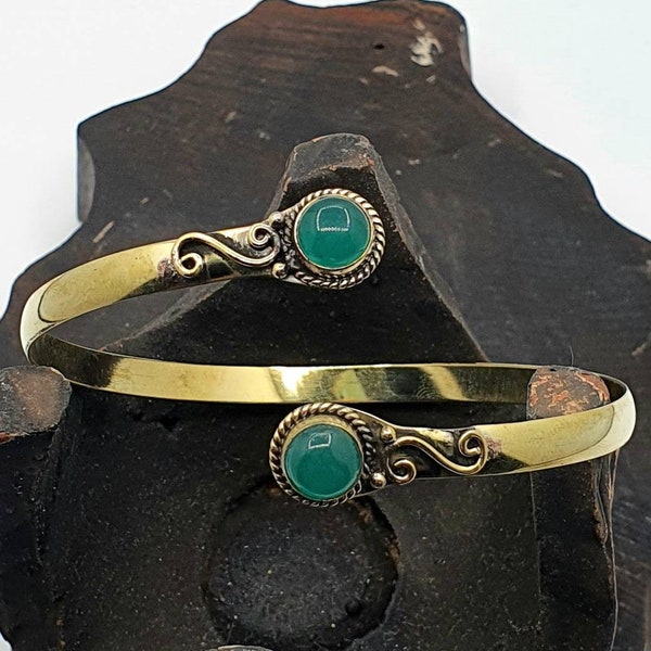 Gold Green Onyx Boho Hippie Arm Cuff Bracelet Gemstones Upper Arm Bangle Cuff Greek Tribal Ethnic Women Jewelry gift for her