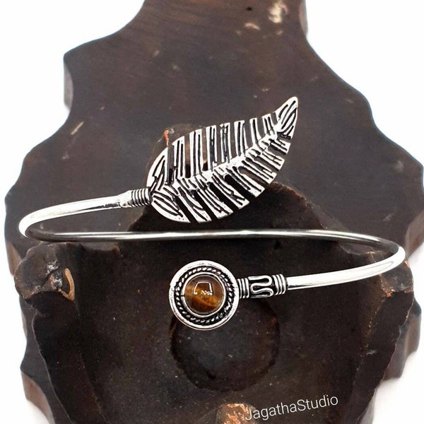 Silver Tigers Eye Adjustable Leaf Arm Bracelet Gemstones Upper Arm Bangle Cuff Armlet Tribal Gemstone Festival Bohemian Jewelry gift for her
