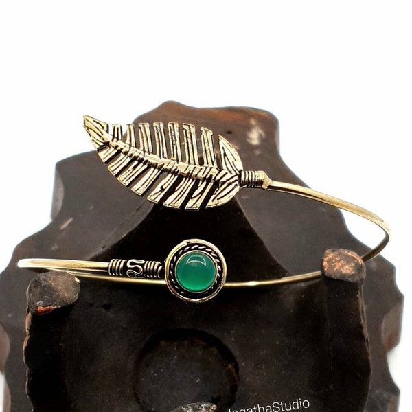 Gold Green Onyx Armlet Adjustable Leaf Arm Bracelet Gemstone Upper Arm Bangle Cuff Tribal Gemstone Festival Bohemian Jewelry gift
