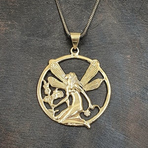 Fairy Pendant Floral Detailed Necklace Enchanted Magical Fairies Nature Gold Brass Large Statement Luck Jewellery
