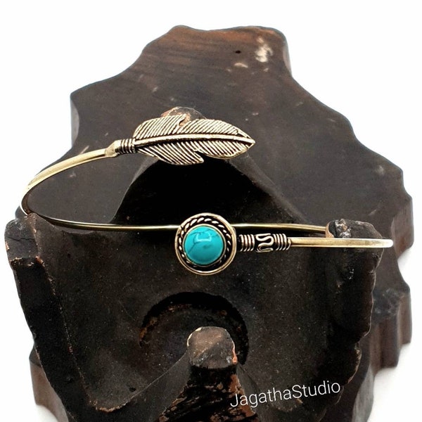 Gold Upperarm Feather Turquoise Boho Arm Cuff Bohemian Armlet Adjustable Ethnic Bracelet Upper Arm Hippie Chic Jewellery Gift