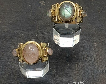 Plated Hammered Ring, Oval Labradorite or Rose Quartz with Side Stones, Brass Boho Statement Jewellery