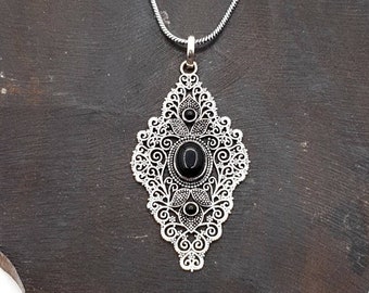 Silver Onyx Pendant Necklace, Bohemian Intrincate Gemstones Luck Necklace Boho Filigree Jewelry gift