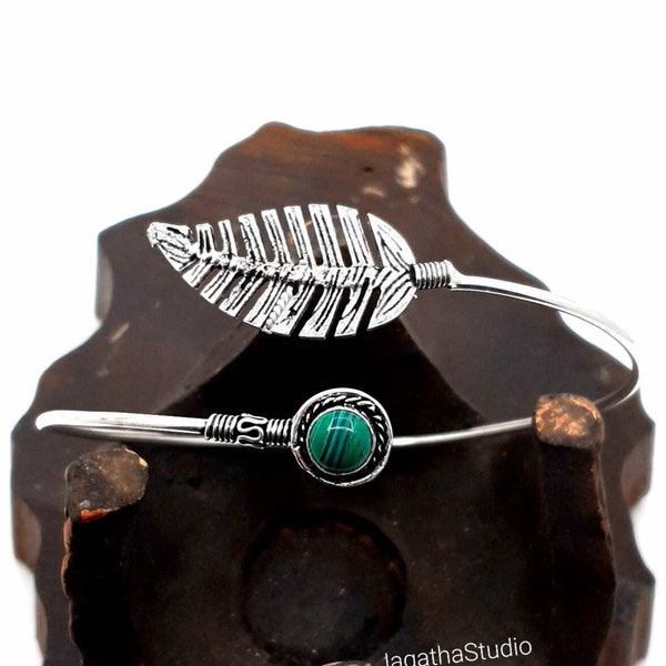 Silver Malachite Armlet Adjustable Leaf Arm Bracelet Gemstone Upper Arm Bangle Cuff Tribal Gemstone Festival Bohemian Jewelry gift