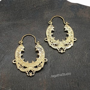 Filigree Hoop Earrings, Bohemian Earrings, Dainty Ethnic Gold Brass Earrings