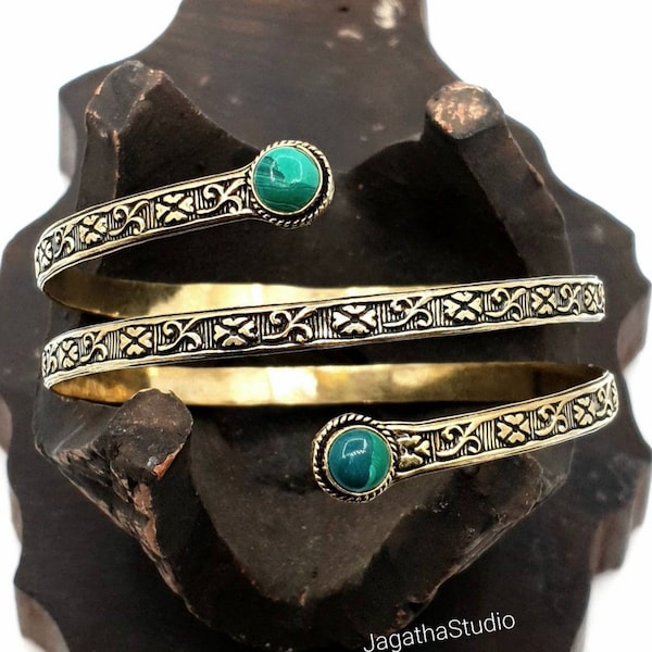 Gold Malachite Boho Hippie Arm Cuff Bracelet Gemstones Upper Arm Bangle Cuff Greek Tribal Ethnic Women Jewelry gift for her