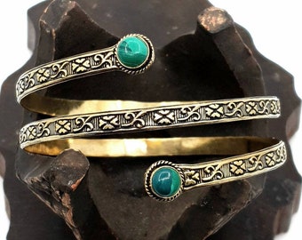 Gold Malachite Boho Hippie Arm Cuff Bracelet Gemstones Upper Arm Bangle Cuff Greek Tribal Ethnic Women Jewelry gift for her