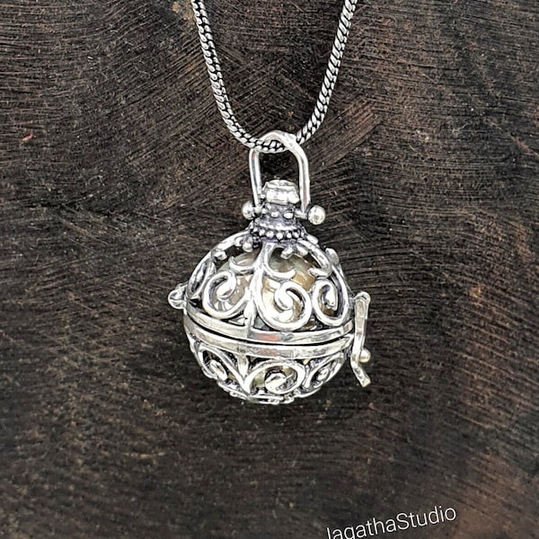 Harmony Ball Filigree Harmony Ball Musical Chime Charm Pendant Necklace Angel Guardian Bell, Lucky Floral Amulet Gold or Silver gift