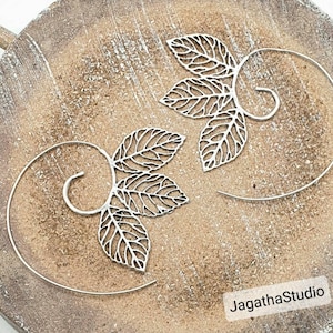 Bohemian Large Leaf Earrings, Handmade Swirl Design, Simple Boho Jewelry, Unique Gift, Gold or Silver Brass, Nickel-Free