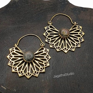 Labradorite Hoop Earrings, Mandala Boho Earrings, Galactic Ethnic Gemstones Bohemian Gold Brass Jewelry gift