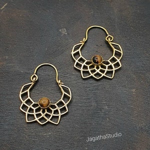 Boho Hoop Tigers Eyes Earrings Ethnic Dainty Jewelry Dangle Gold Bohemian Mandala Earrings gift for her