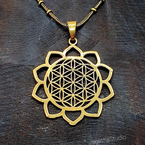 Gold Flower Of Life Pendant Sacred Geometry Pendant Bohemian Necklace Boho Ethnic Lotus Luck Jewelery gift