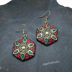 Tibetan Coral and Malachite Dangle Earrings, Ethnic Inlaid Gemstones Drop Earrings