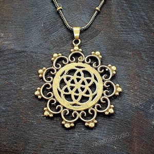 Gold Mandala Necklace Flower Of Life Sacred Geometry Pendant Bohemian Necklace Boho Seed Of Life Ethnic Jewelery gift