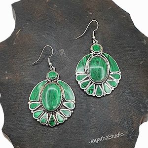 Tibetan Malachite Drop Earrings, Statement Gemstones Dangle Earrings, Boho Ethnic Bohemian Jewelry