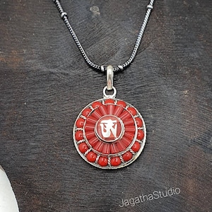 Tibetan Coral Necklace Ethnic Coral Silver Pendant Symbol Statement Nepali Pendant