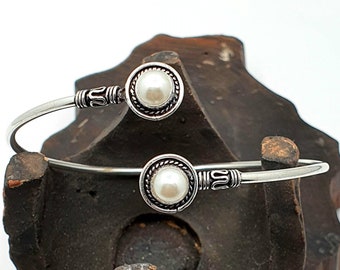 Silver Pearl Arm Cuff Bracelet Gemstones Upper Arm Bangle Cuff Adjustable Armlet Bohemian Hippie Jewelry gift for her