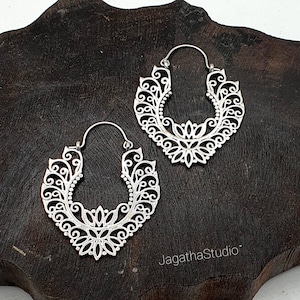 Lotus Hoop Earrings Bohemian Mandala Flower Earrings Filigree Style Silver or Gold Brass