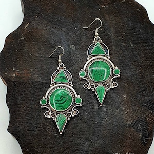 Tibetan Malachite Drop Earrings, Boho Earrings, Ethnic Silver Nepali Gemstones Bohemian Jewelry